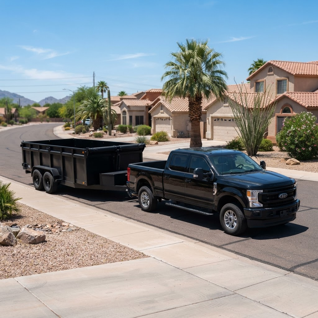 Trash Away truck and dump trailer parked in front of an Arizona home